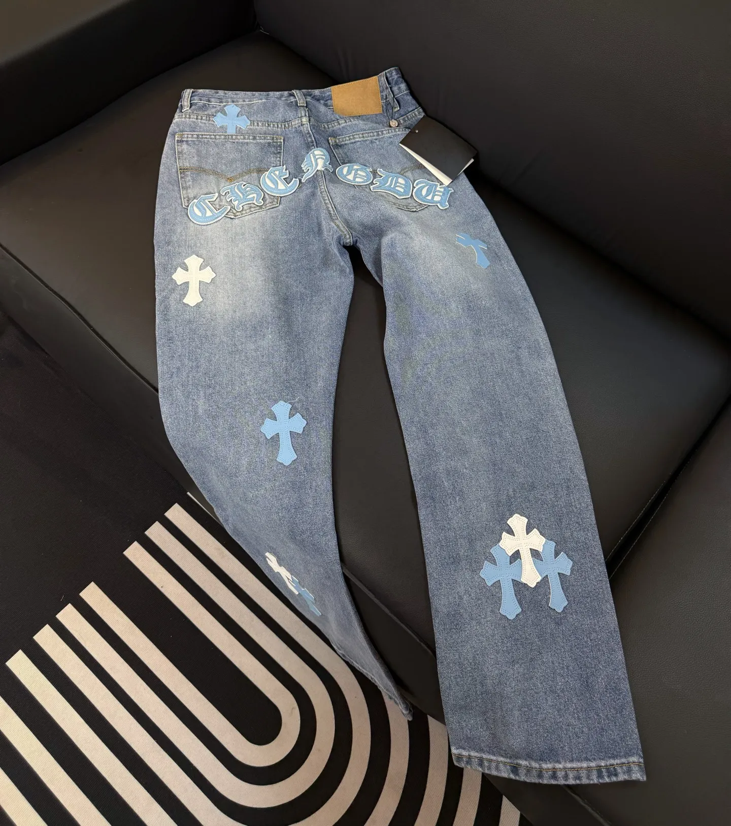 P280 Style number: D316 Chrome Hearts washed blue leather jeans Size# 28 30 32 34